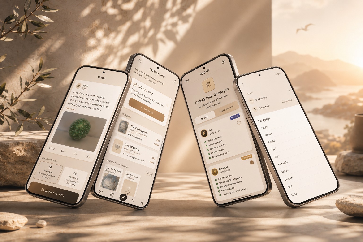 PhotoPoem app shown on four phones